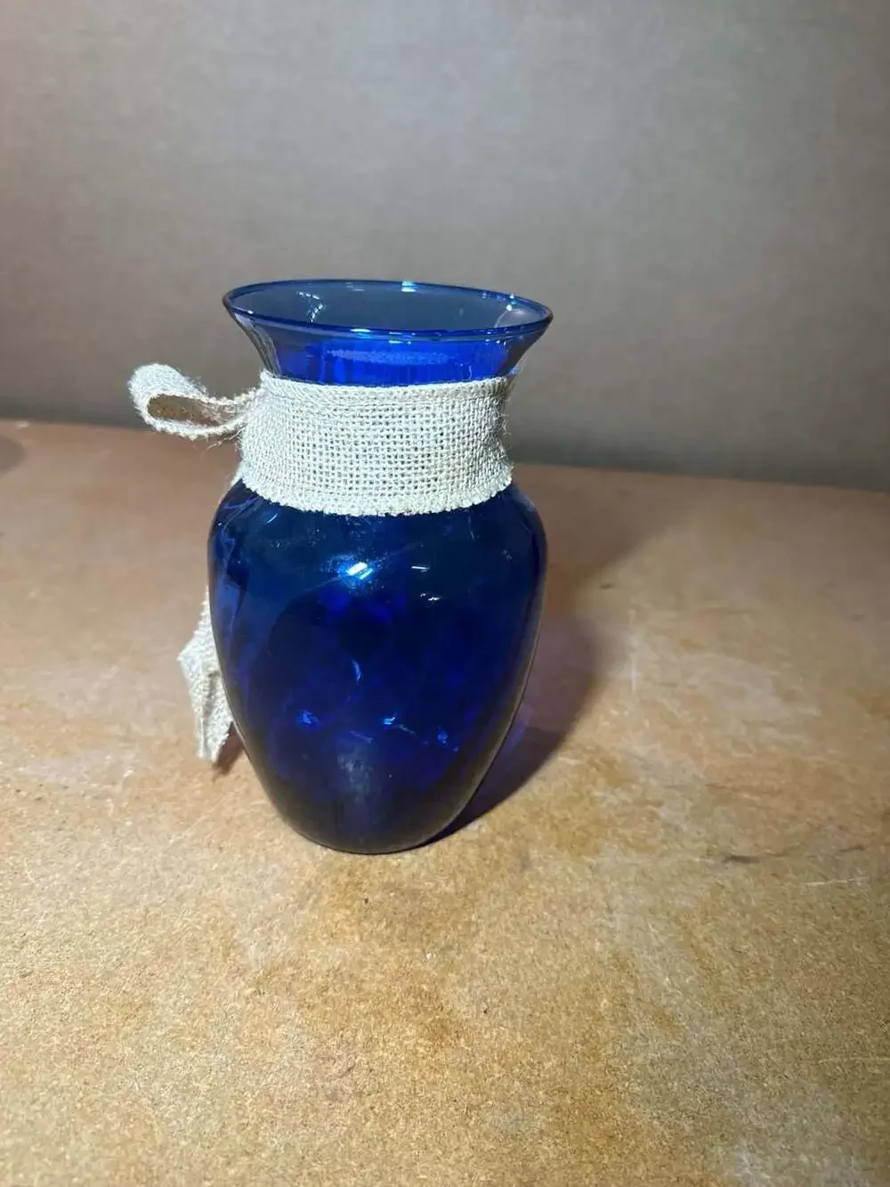 Cobalt Blue Glass Vase with Burlap Ribbon Accent